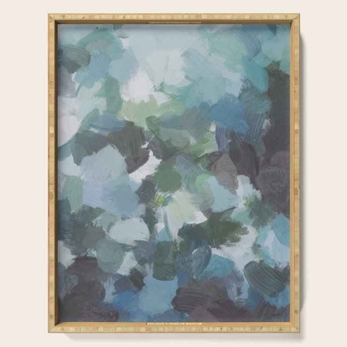 Escaping Reality - Mint Aqua Navy Indigo Sage Lime Green Abstract Nature Painting, Modern Leaves Sky Serving Tray Gallery Image 1