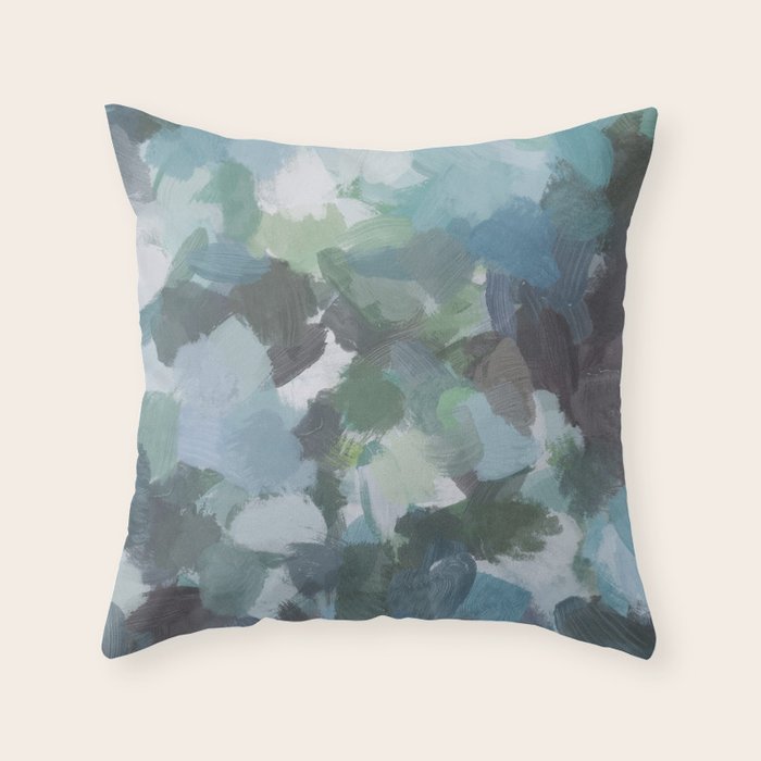 Escaping Reality - Mint Aqua Navy Indigo Sage Lime Green Abstract Nature Painting, Modern Leaves Sky Throw Pillow Gallery Image 1