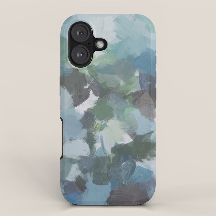 Escaping Reality - Mint Aqua Navy Indigo Sage Lime Green Abstract Nature Painting, Modern Leaves Sky iPhone Case Gallery Image 1