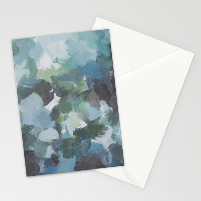 Escaping Reality - Mint Aqua Navy Indigo Sage Lime Green Abstract Nature Painting, Modern Leaves Sky Stationery Card Gallery Image 2