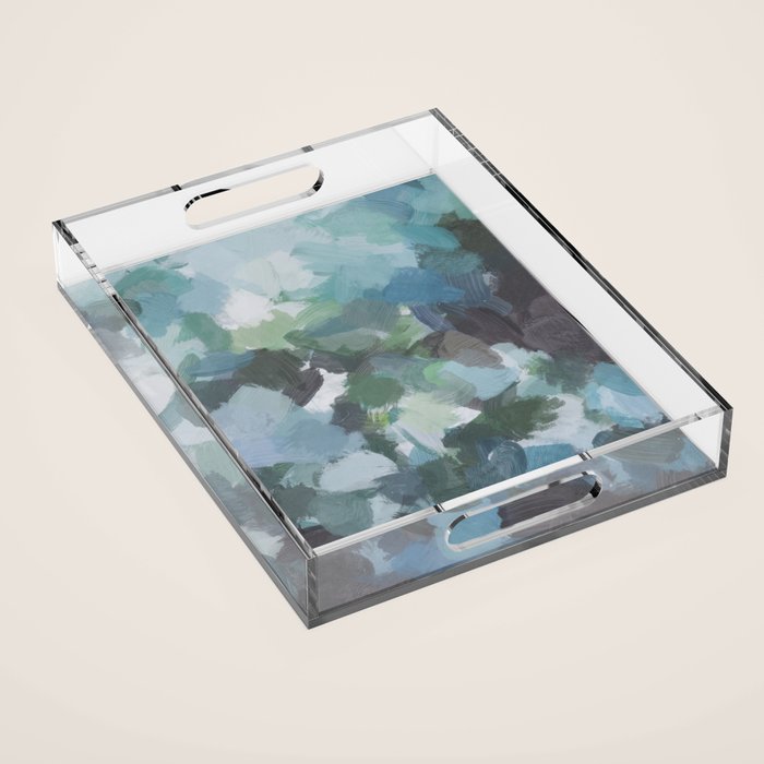 Escaping Reality - Mint Aqua Navy Indigo Sage Lime Green Abstract Nature Painting, Modern Leaves Sky Acrylic Tray Gallery Image 1