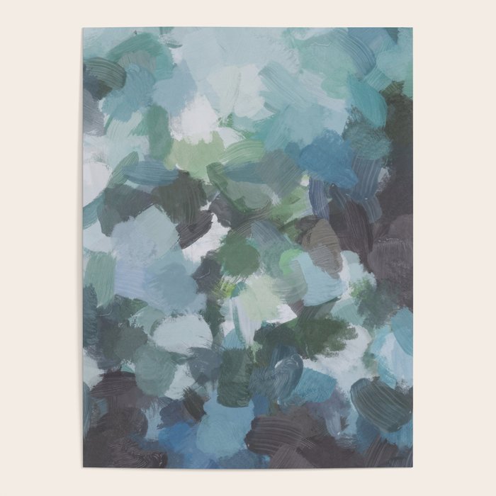 Escaping Reality - Mint Aqua Navy Indigo Sage Lime Green Abstract Nature Painting, Modern Leaves Sky Poster Gallery Image 4