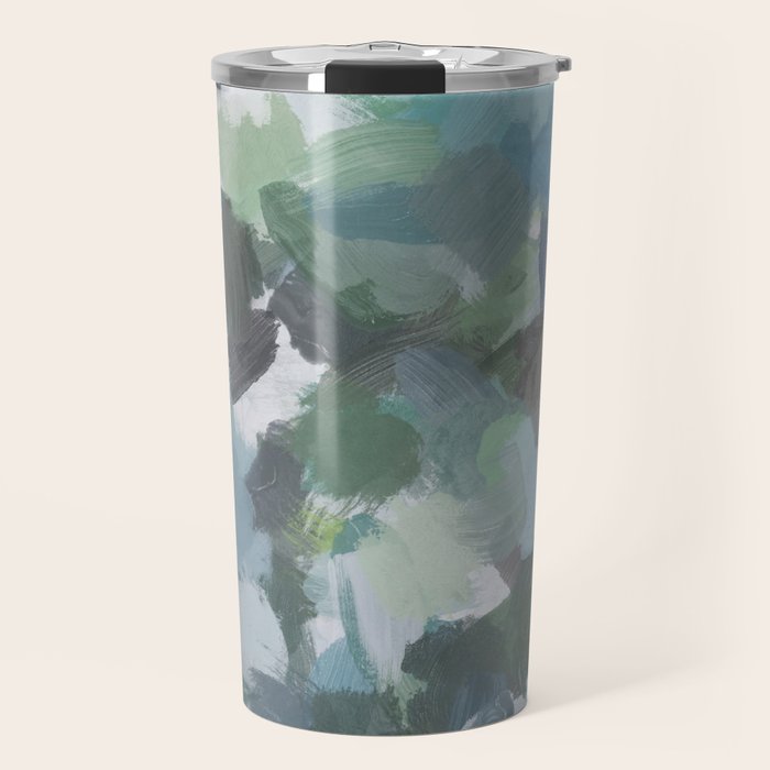 Escaping Reality - Mint Aqua Navy Indigo Sage Lime Green Abstract Nature Painting, Modern Leaves Sky Travel Mug Gallery Image 1