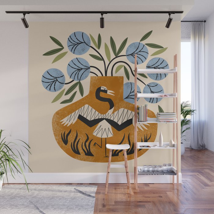 Blue Peonies And Crane Vase Wall Mural Gallery Image 1