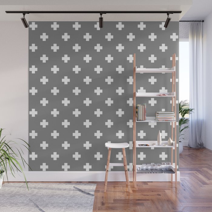 White Swiss Cross Pattern on Light Grey background Wall Mural Gallery Image 1