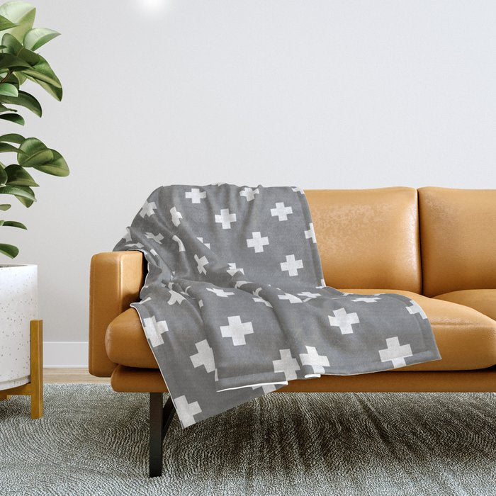 White Swiss Cross Pattern on Light Grey background Throw Blanket Gallery Image 1
