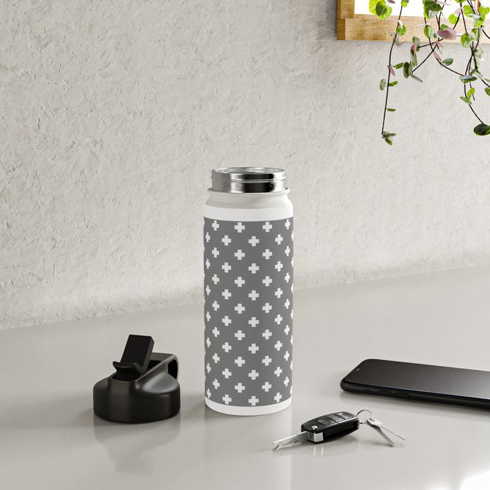 White Swiss Cross Pattern on Light Grey background Water Bottle Gallery Image 4