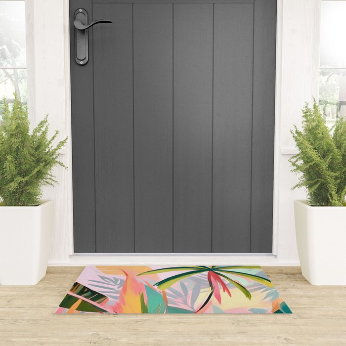 Tropical Jewels, Pastel Jungle Botanical Pastel, Bohemian Eclectic Plants Palms, Exotic Forest Nature Painting Welcome Mat Gallery Image 3