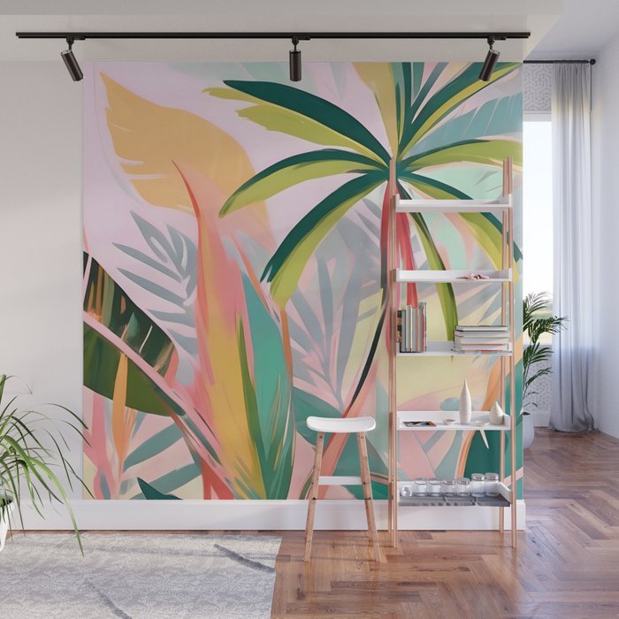 Tropical Jewels, Pastel Jungle Botanical Pastel, Bohemian Eclectic Plants Palms, Exotic Forest Nature Painting Wall Mural Gallery Image 1