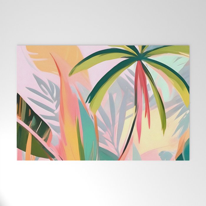 Tropical Jewels, Pastel Jungle Botanical Pastel, Bohemian Eclectic Plants Palms, Exotic Forest Nature Painting Welcome Mat Gallery Image 1