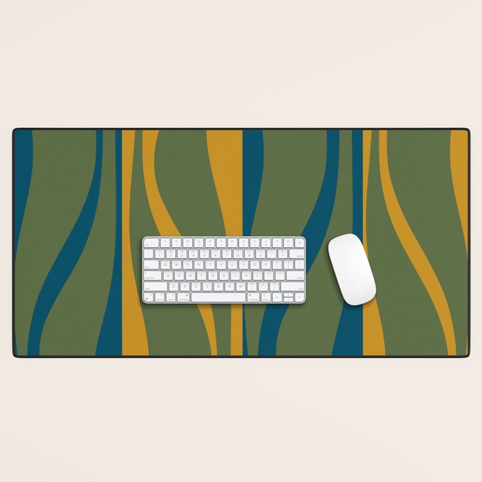 Mid Century Modern Retro Lounge Striped Ogee Pattern in Moroccan Blue Olive Green Ochre Desk Mat Gallery Image 1