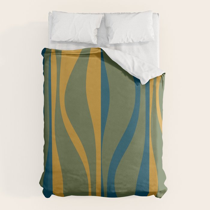 Mid Century Modern Retro Lounge Striped Ogee Pattern in Moroccan Blue Olive Green Ochre Duvet Cover Gallery Image 6