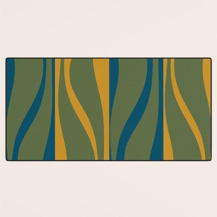 Mid Century Modern Retro Lounge Striped Ogee Pattern in Moroccan Blue Olive Green Ochre Desk Mat Gallery Image 3