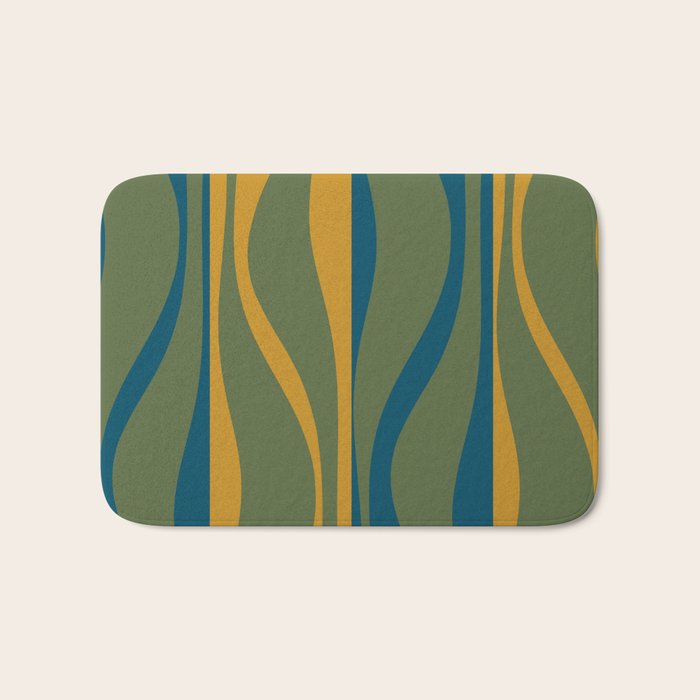 Mid Century Modern Retro Lounge Striped Ogee Pattern in Moroccan Blue Olive Green Ochre Bath Mat Gallery Image 1