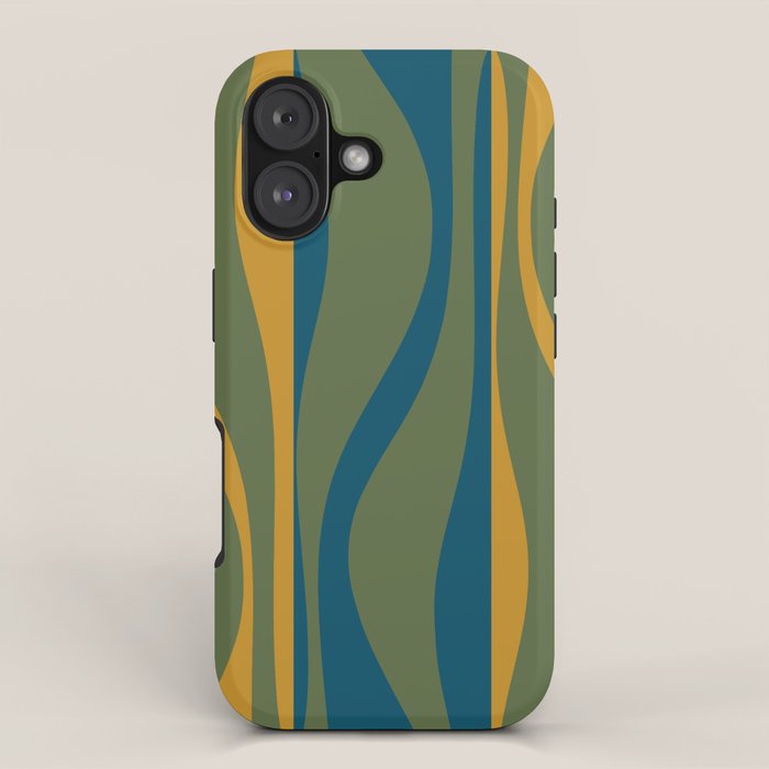 Mid Century Modern Retro Lounge Striped Ogee Pattern in Moroccan Blue Olive Green Ochre iPhone Case Gallery Image 1