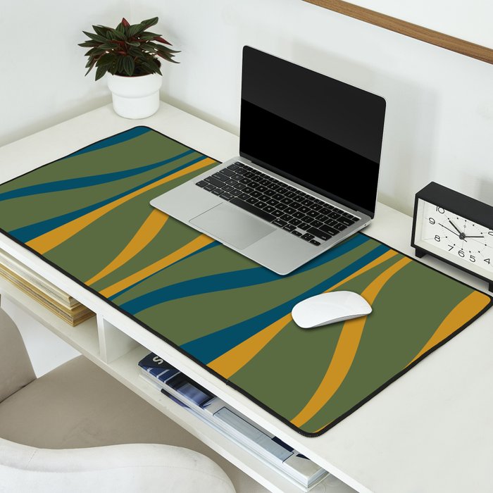 Mid Century Modern Retro Lounge Striped Ogee Pattern in Moroccan Blue Olive Green Ochre Desk Mat Gallery Image 2