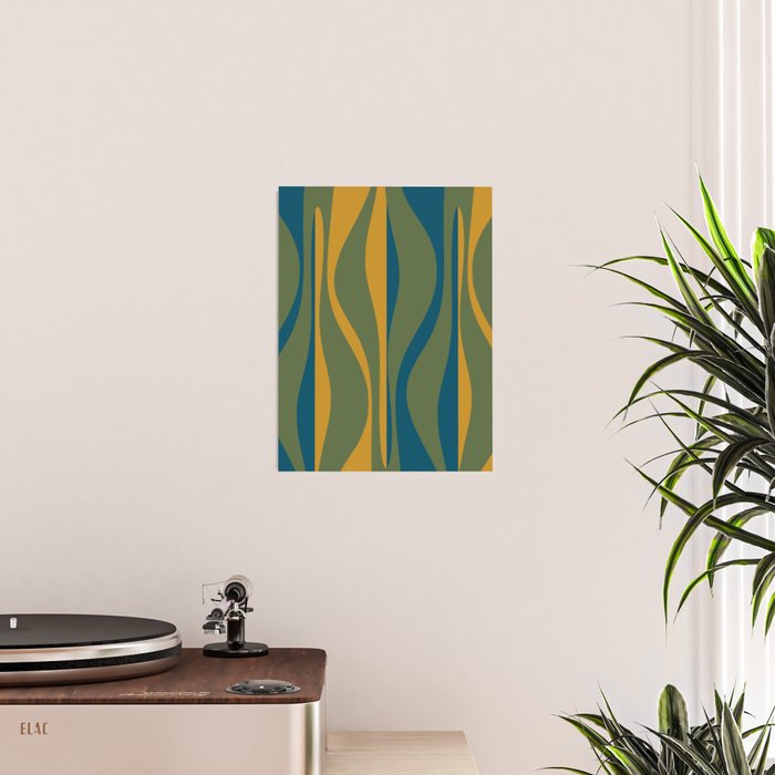 Mid Century Modern Retro Lounge Striped Ogee Pattern in Moroccan Blue Olive Green Ochre Poster Gallery Image 2