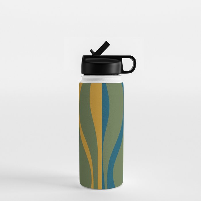Mid Century Modern Retro Lounge Striped Ogee Pattern in Moroccan Blue Olive Green Ochre Water Bottle Gallery Image 1