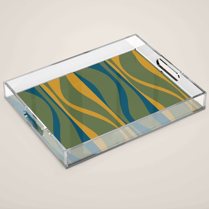 Mid Century Modern Retro Lounge Striped Ogee Pattern in Moroccan Blue Olive Green Ochre Acrylic Tray Gallery Image 1