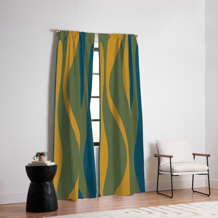 Mid Century Modern Retro Lounge Striped Ogee Pattern in Moroccan Blue Olive Green Ochre Window Curtain Gallery Image 2