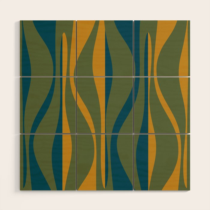 Mid Century Modern Retro Lounge Striped Ogee Pattern in Moroccan Blue Olive Green Ochre Wood Wall Art Gallery Image 1