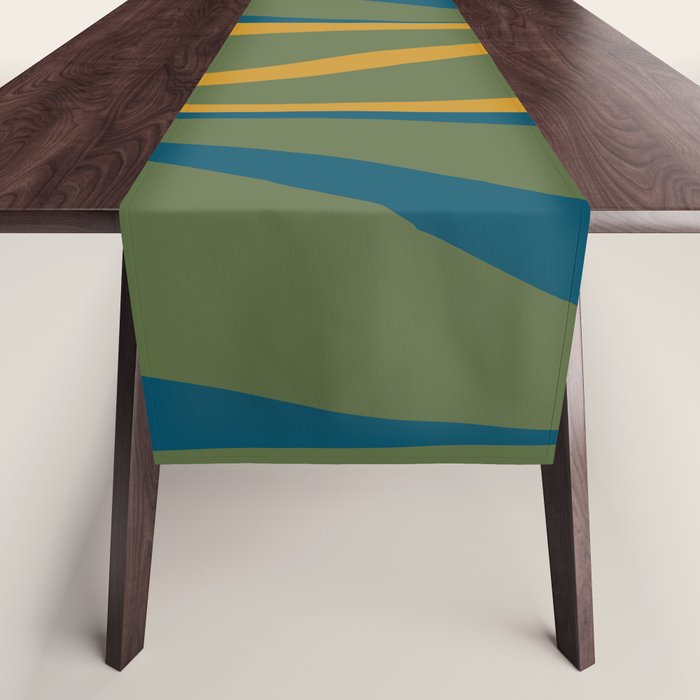 Mid Century Modern Retro Lounge Striped Ogee Pattern in Moroccan Blue Olive Green Ochre Table Runner Gallery Image 1