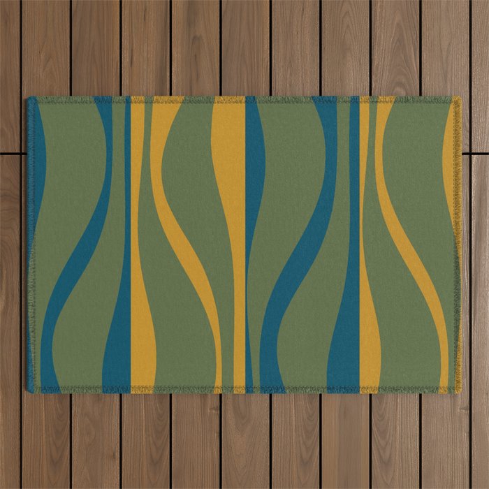 Mid Century Modern Retro Lounge Striped Ogee Pattern in Moroccan Blue Olive Green Ochre Outdoor Rug Gallery Image 1