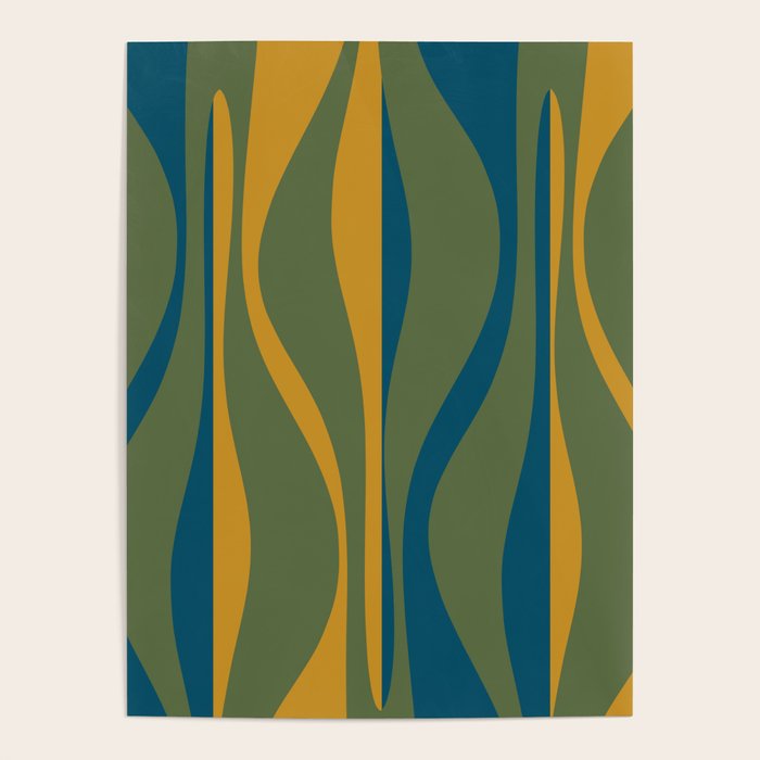 Mid Century Modern Retro Lounge Striped Ogee Pattern in Moroccan Blue Olive Green Ochre Poster Gallery Image 1