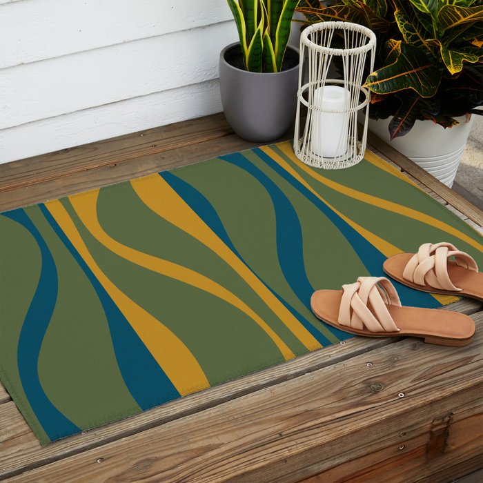 Mid Century Modern Retro Lounge Striped Ogee Pattern in Moroccan Blue Olive Green Ochre Outdoor Rug Gallery Image 2