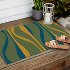 Mid Century Modern Retro Lounge Striped Ogee Pattern in Moroccan Blue Olive Green Ochre Outdoor Rug Gallery Image 2
