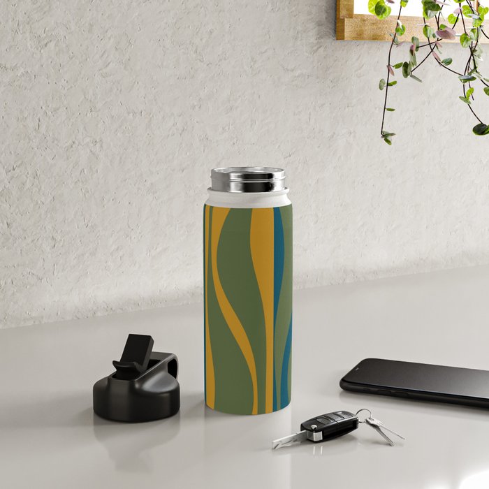 Mid Century Modern Retro Lounge Striped Ogee Pattern in Moroccan Blue Olive Green Ochre Water Bottle Gallery Image 4