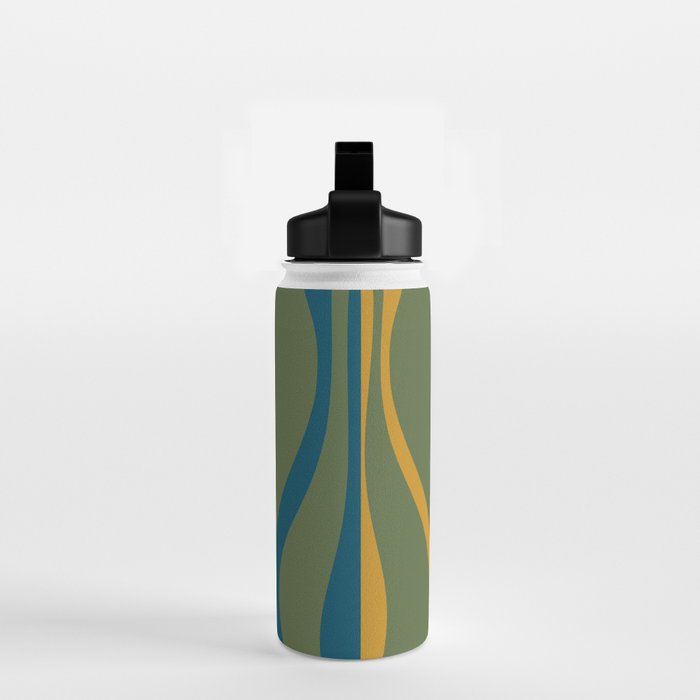 Mid Century Modern Retro Lounge Striped Ogee Pattern in Moroccan Blue Olive Green Ochre Water Bottle Gallery Image 2