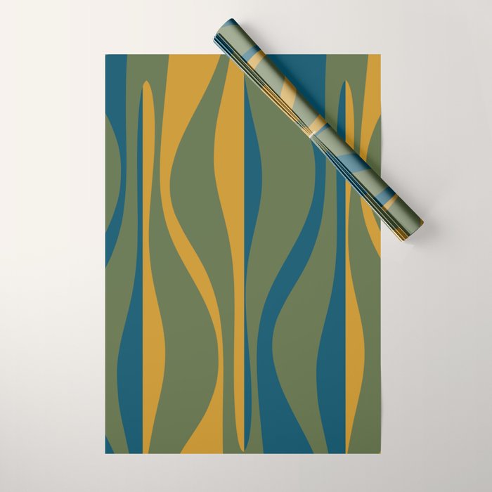 Mid Century Modern Retro Lounge Striped Ogee Pattern in Moroccan Blue Olive Green Ochre Wrapping Paper Gallery Image 1