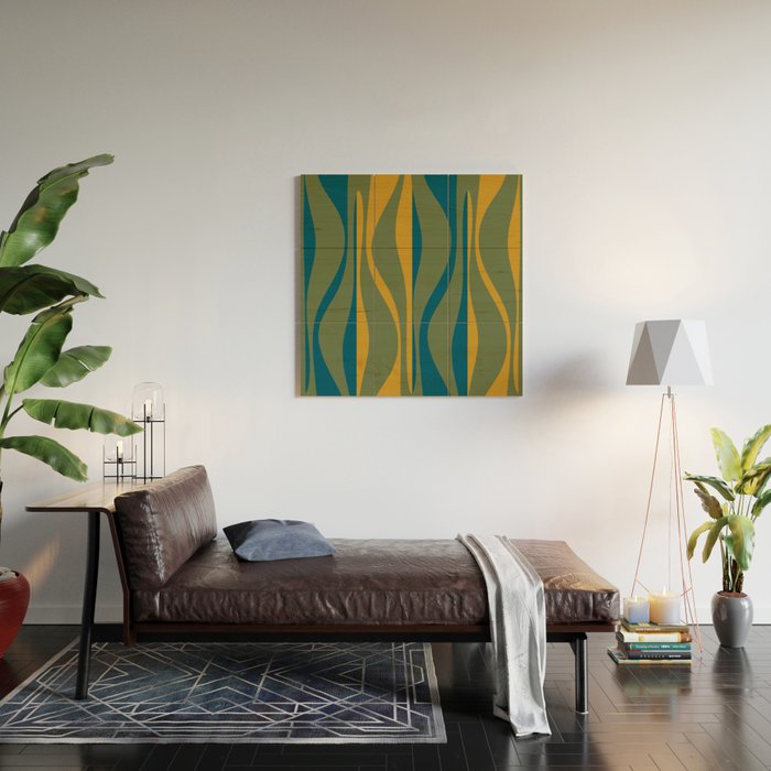 Mid Century Modern Retro Lounge Striped Ogee Pattern in Moroccan Blue Olive Green Ochre Wood Wall Art Gallery Image 2