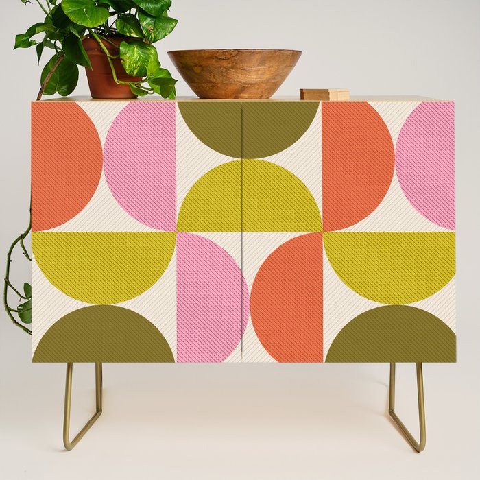 Mid Century Modern Shapes - Pink, Olive Green & Orange Credenza Gallery Image 1