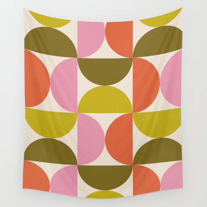 Mid Century Modern Shapes - Pink, Olive Green & Orange Wall Tapestry Gallery Image 1