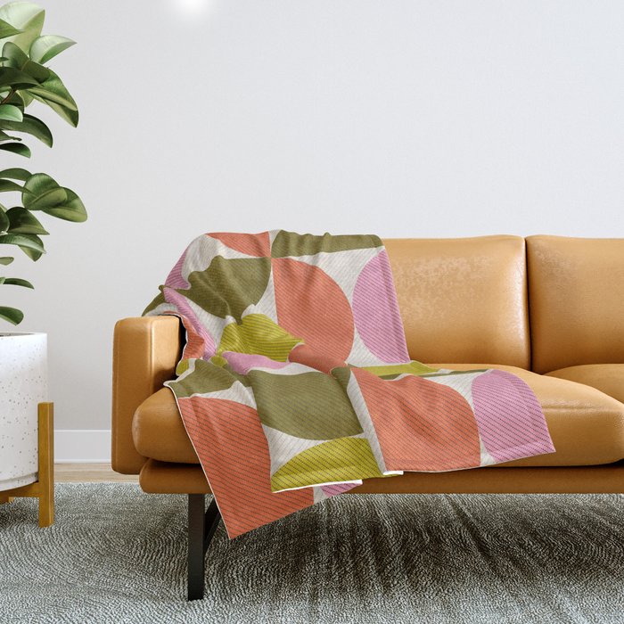Mid Century Modern Shapes - Pink, Olive Green & Orange Throw Blanket Gallery Image 1