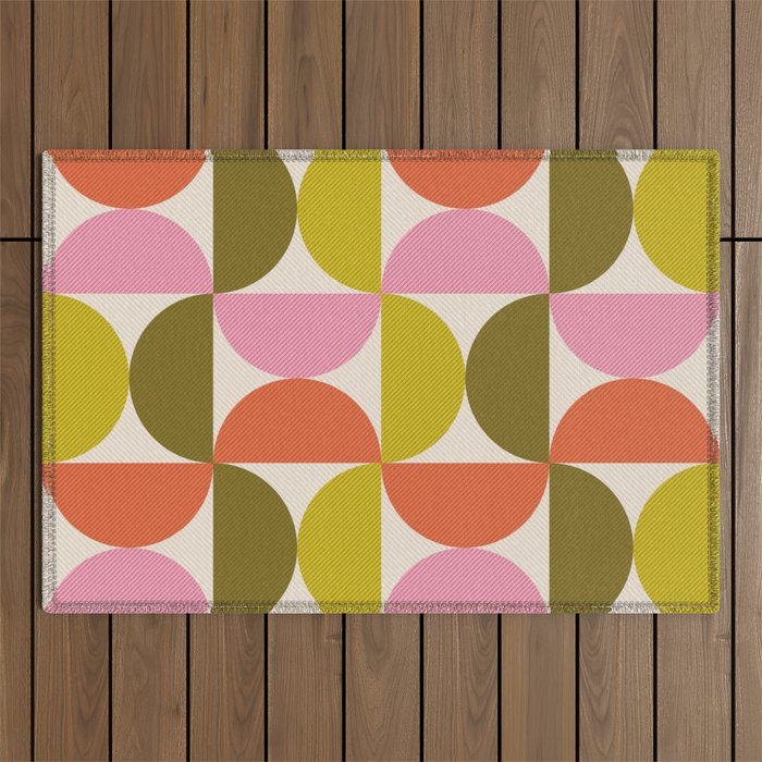 Mid Century Modern Shapes - Pink, Olive Green & Orange Outdoor Rug Gallery Image 1