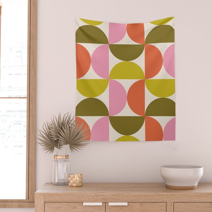 Mid Century Modern Shapes - Pink, Olive Green & Orange Wall Tapestry Gallery Image 2