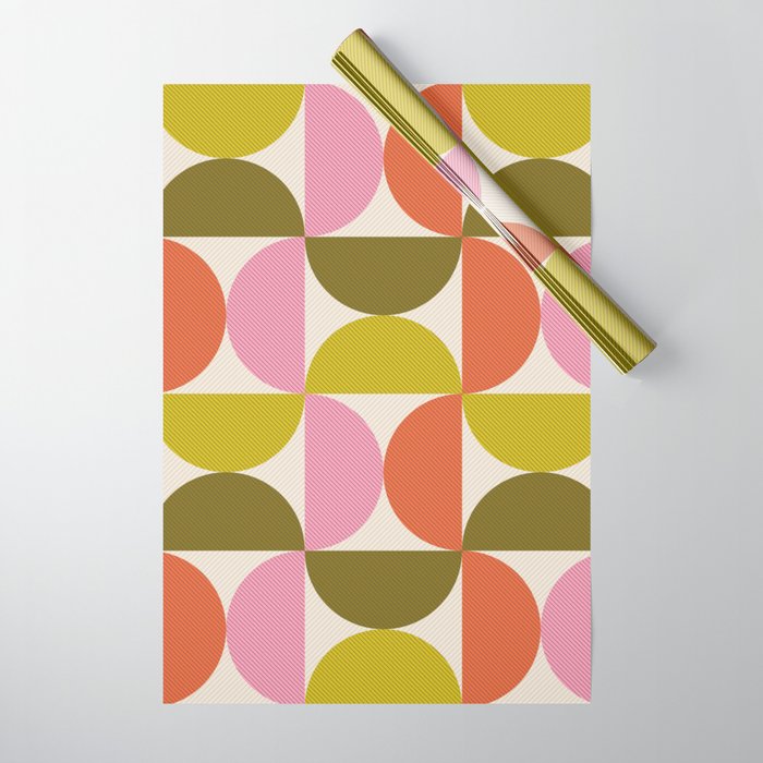 Mid Century Modern Shapes - Pink, Olive Green & Orange Wrapping Paper Gallery Image 1