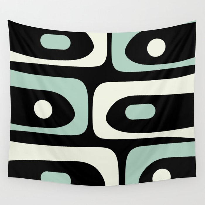 Mid Century Modern Piquet Abstract Minimalist Pattern in Black and Mint Wall Tapestry Gallery Image 1