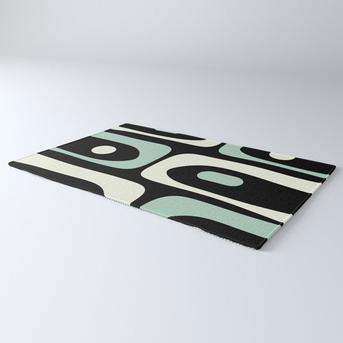 Mid Century Modern Piquet Abstract Minimalist Pattern in Black and Mint Rug Gallery Image 3