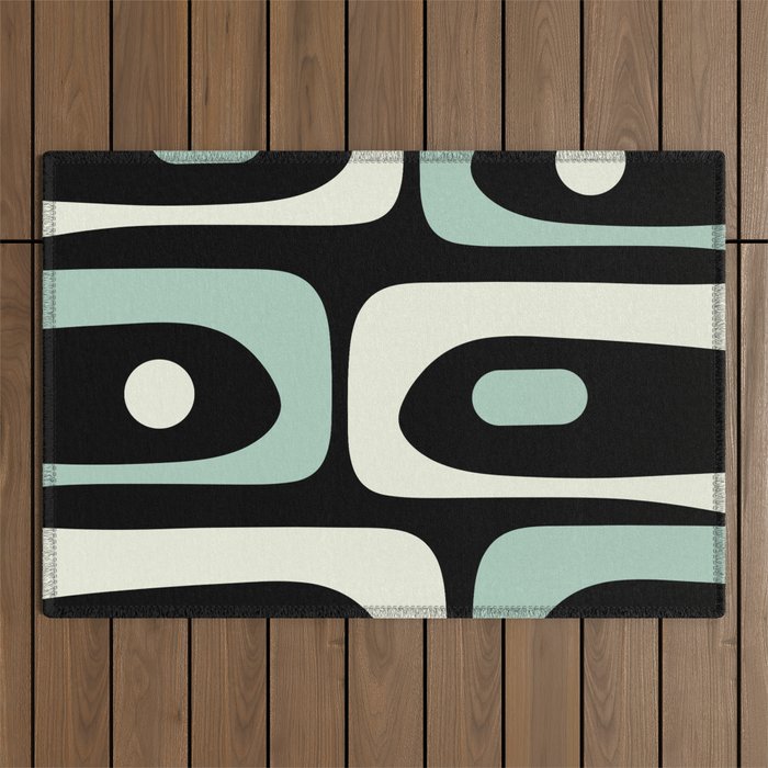 Mid Century Modern Piquet Abstract Minimalist Pattern in Black and Mint Outdoor Rug Gallery Image 1