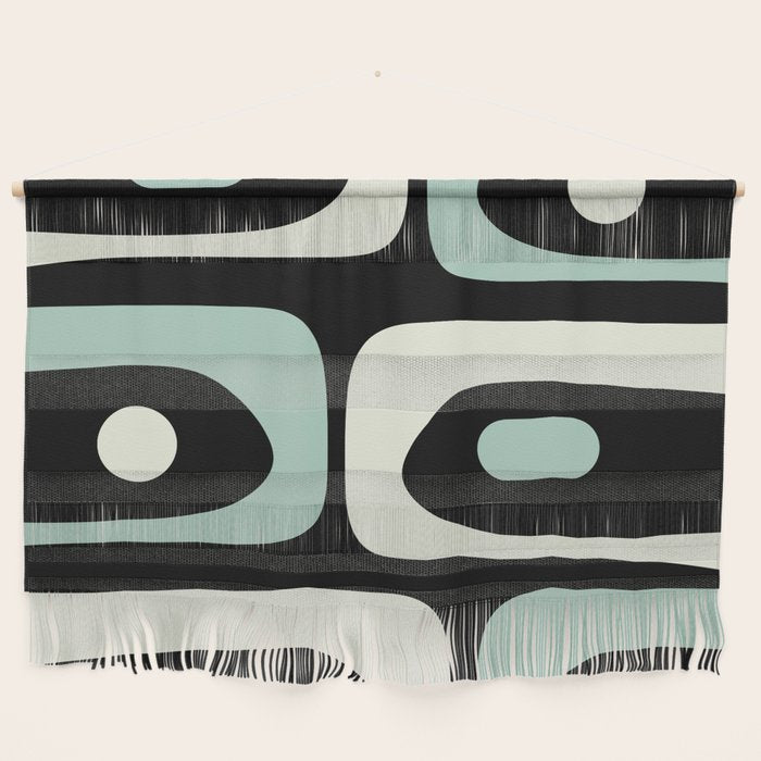 Mid Century Modern Piquet Abstract Minimalist Pattern in Black and Mint Wall Hanging Gallery Image 1