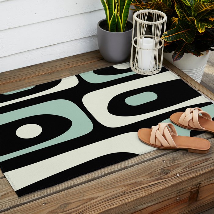 Mid Century Modern Piquet Abstract Minimalist Pattern in Black and Mint Outdoor Rug Gallery Image 2
