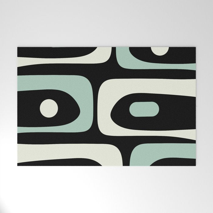 Mid Century Modern Piquet Abstract Minimalist Pattern in Black and Mint Welcome Mat Gallery Image 1