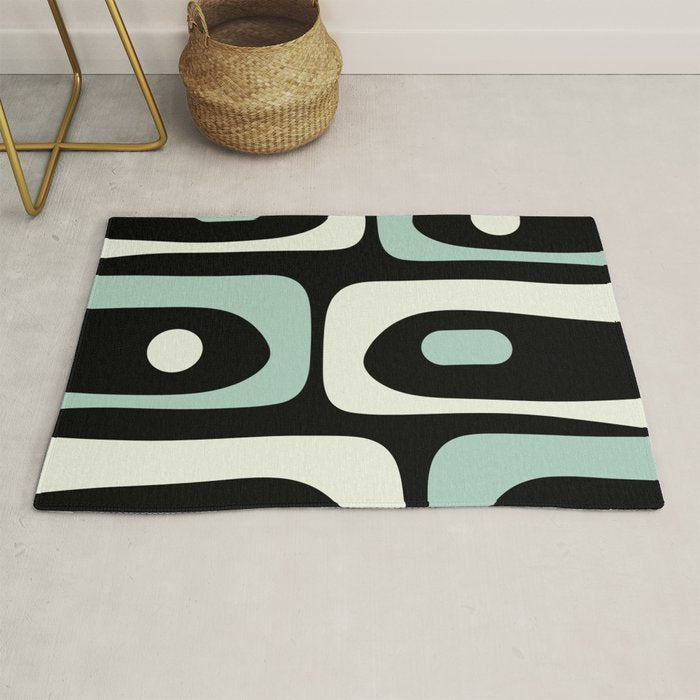 Mid Century Modern Piquet Abstract Minimalist Pattern in Black and Mint Rug Gallery Image 1