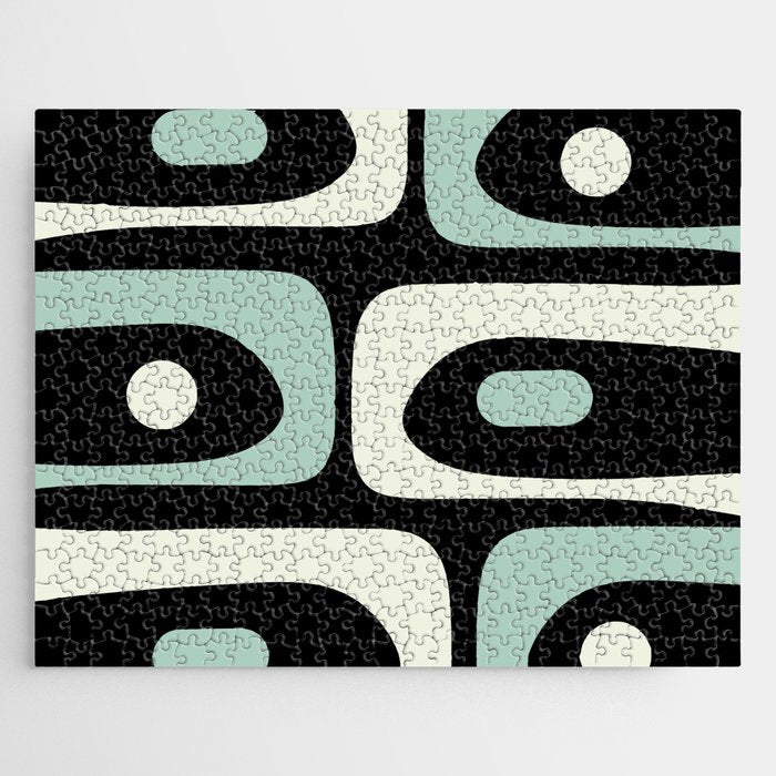 Mid Century Modern Piquet Abstract Minimalist Pattern in Black and Mint Jigsaw Puzzle Gallery Image 1