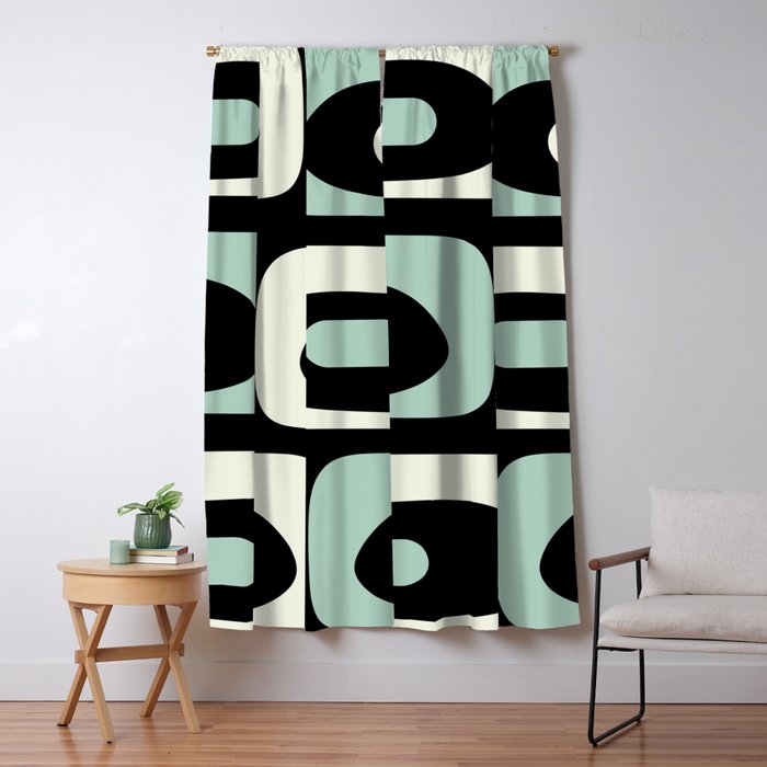 Mid Century Modern Piquet Abstract Minimalist Pattern in Black and Mint Window Curtain Gallery Image 5