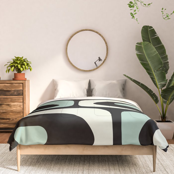 Mid Century Modern Piquet Abstract Minimalist Pattern in Black and Mint Comforter Gallery Image 3